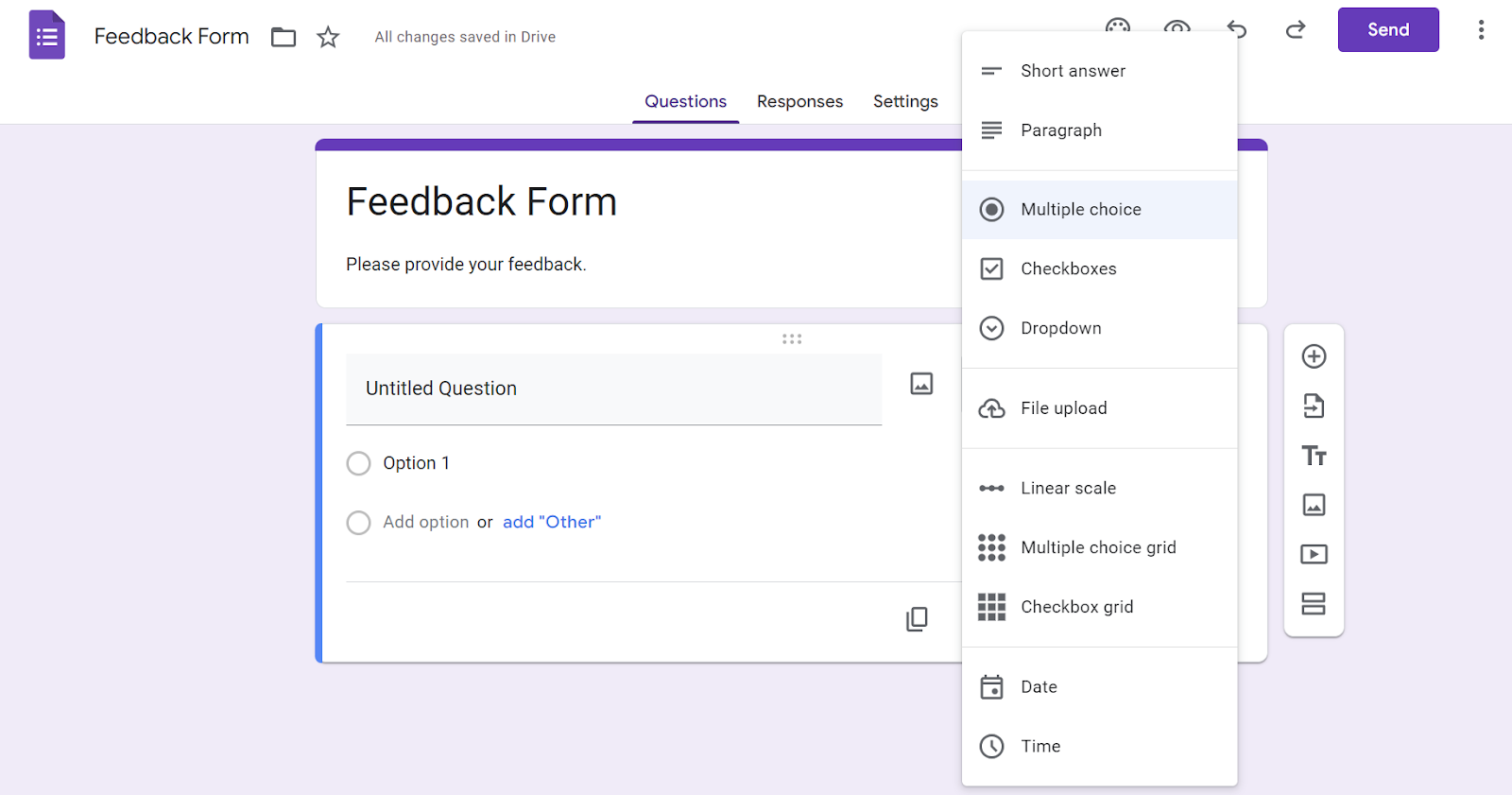 Screenshot of Google Forms’ question type dropdown menu