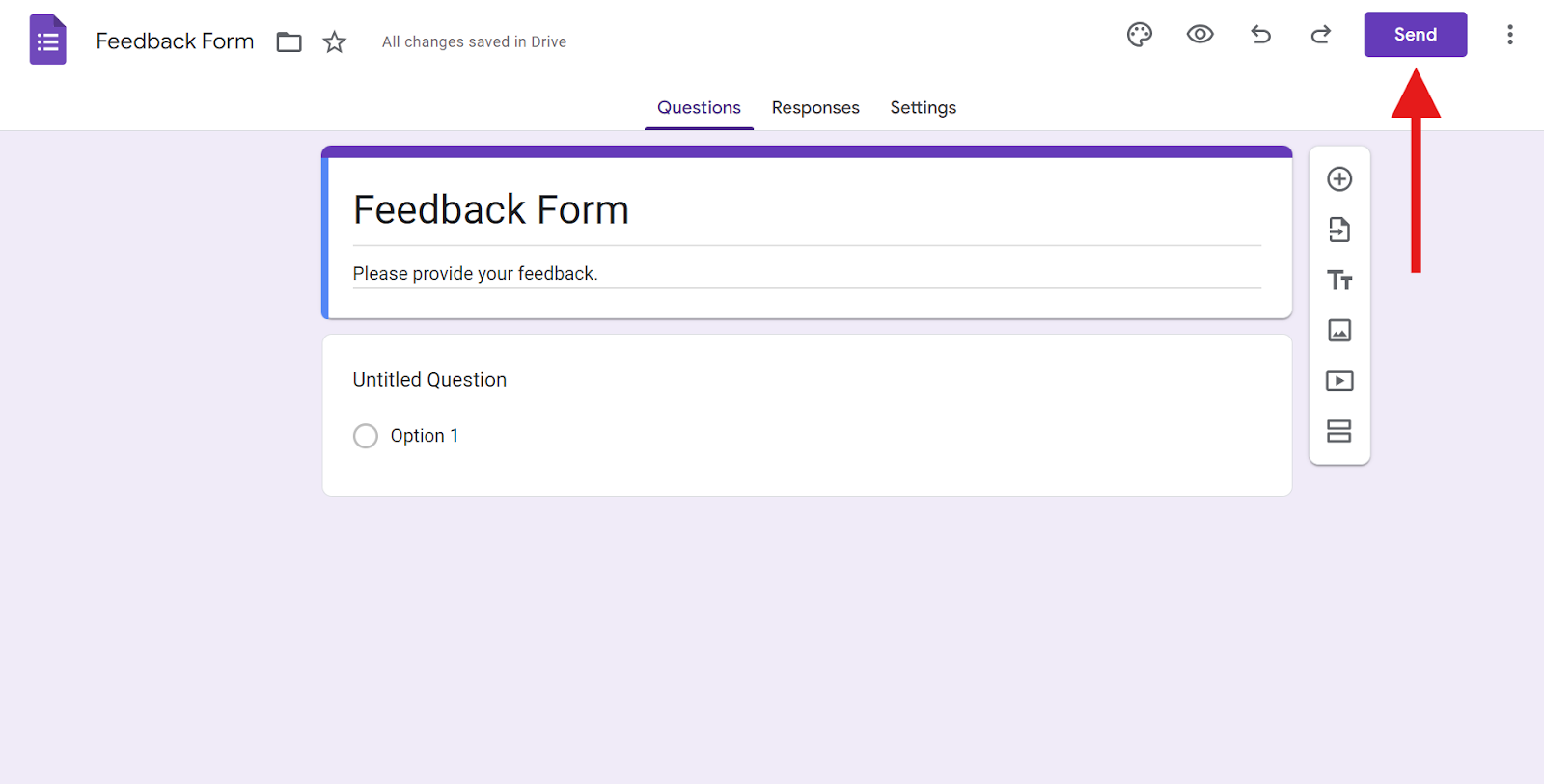 Screenshot of Google Forms’ form creator with an arrow pointing to the Send button