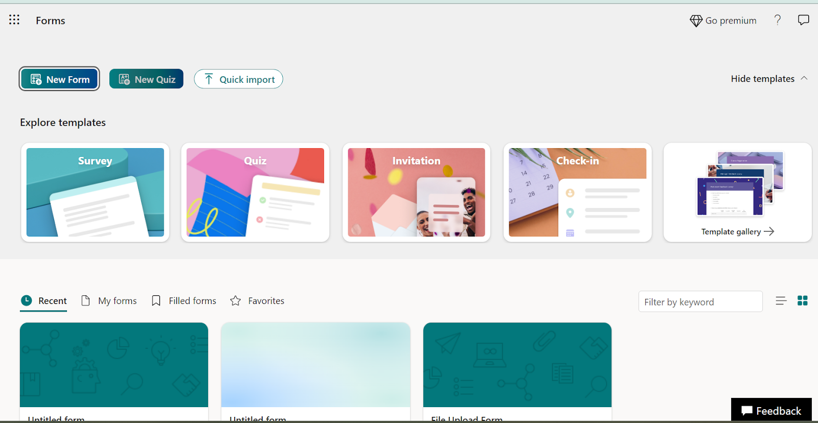 Screenshot of Microsoft Forms’ homepage