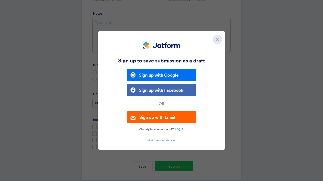 Screenshot of Jotform’s sign-in popup
