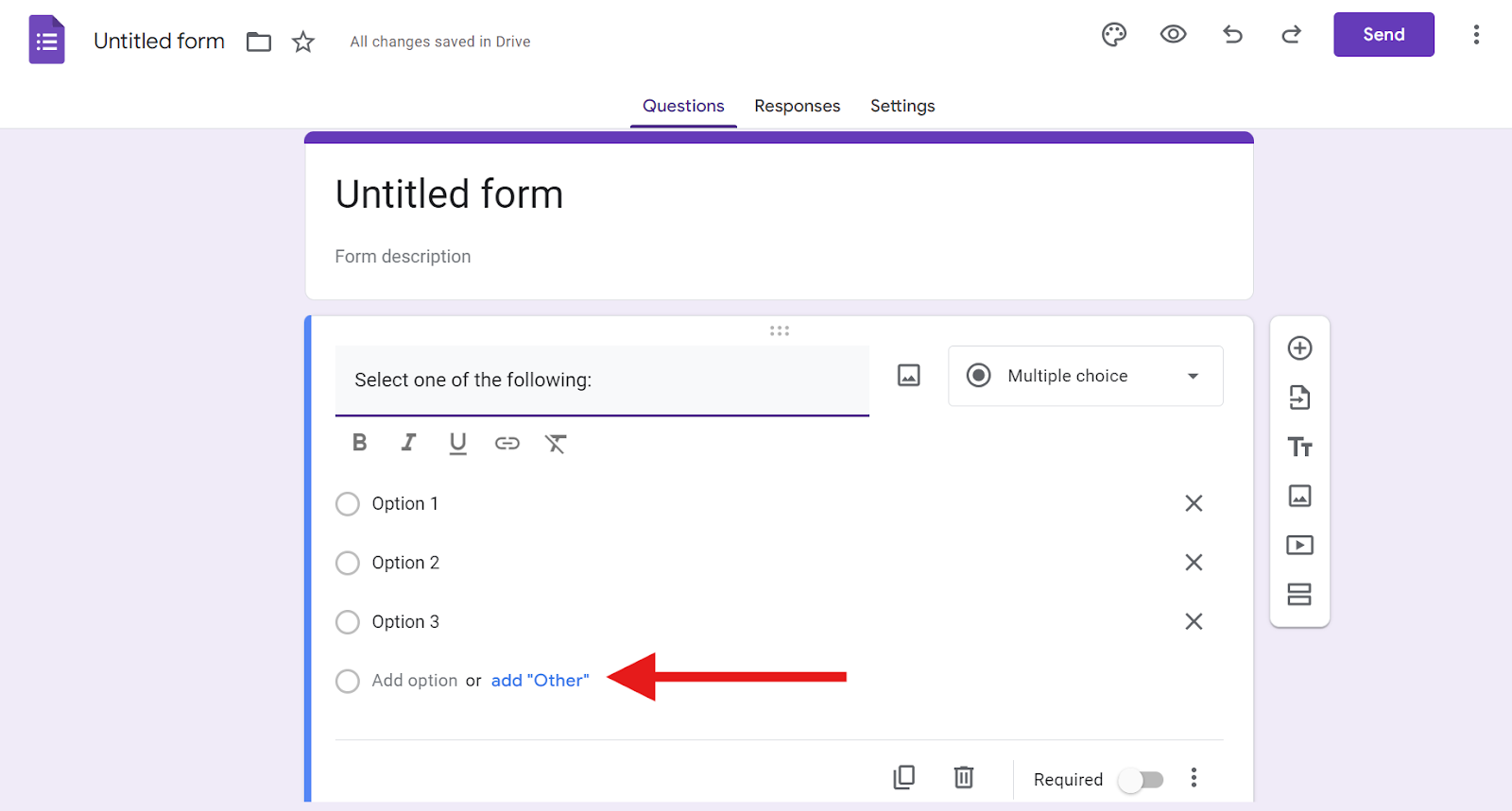 Clicking on the "Add option" or linked add “Other” text in Google Forms