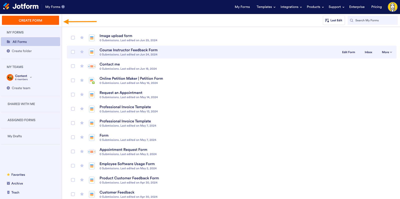 Screenshot of Jotform My Forms Page Clicking on Create Form Button