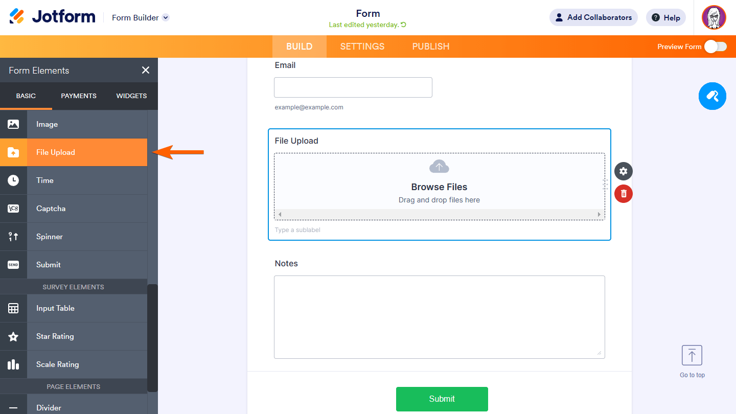Jotform’s Form Builder with an arrow pointing to the File Upload form element