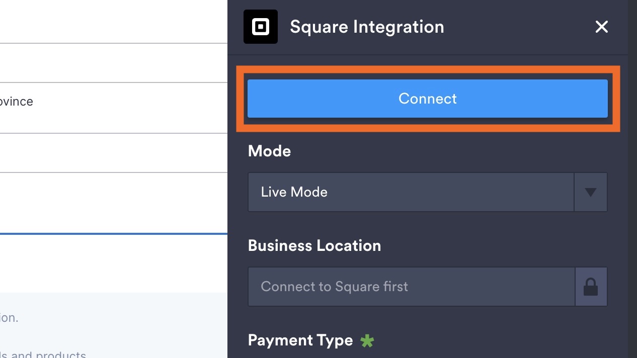 The Square Integration settings menu is open