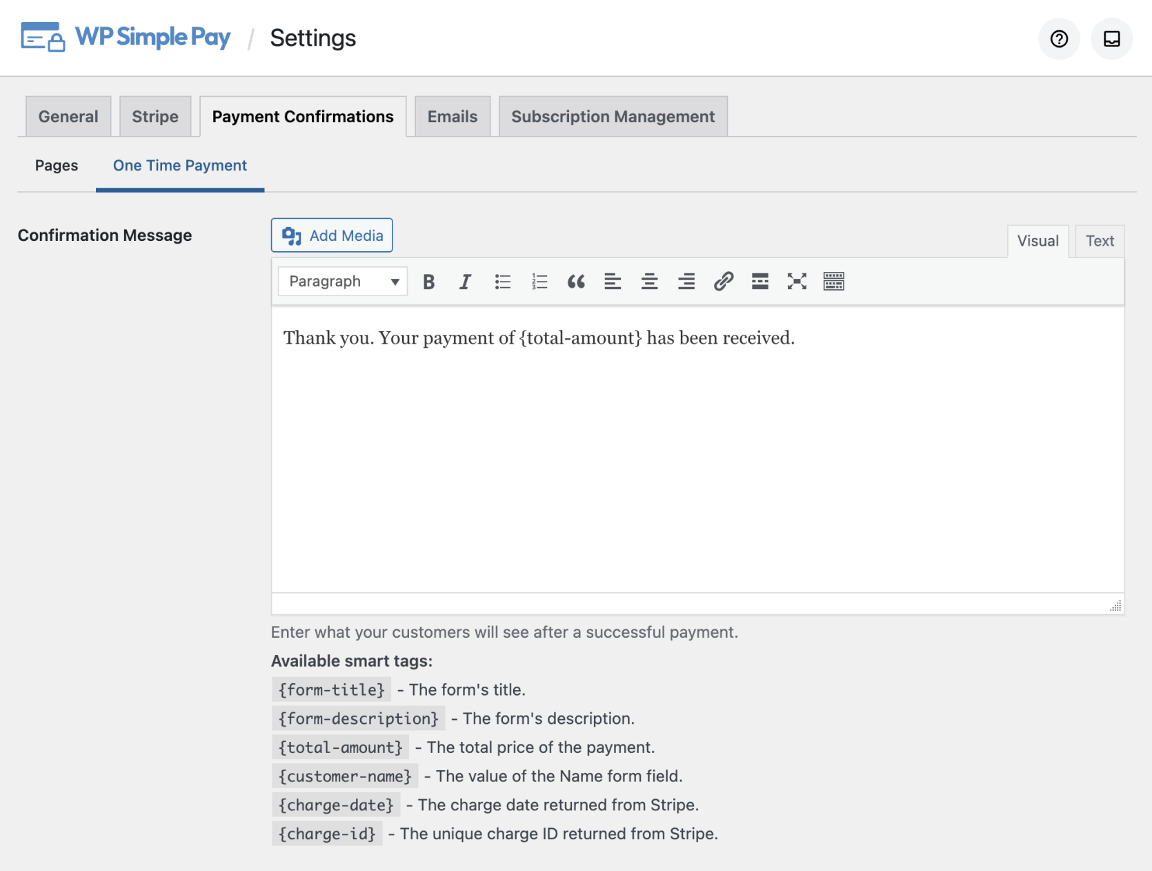 Benutzeroberfläche von WP Simple Pay