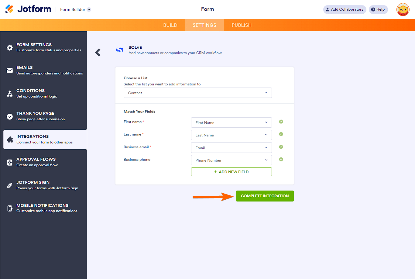 Choose a List, Match Your Fields and Complete Integration button in Solve360 integration settings