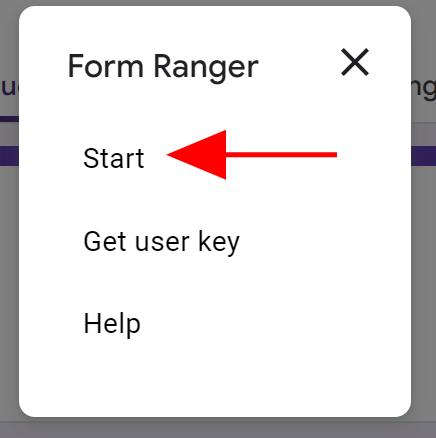 Screenshot del menu di Form Ranger in Google Forms, con una freccia che punta all'opzione "avvia"
