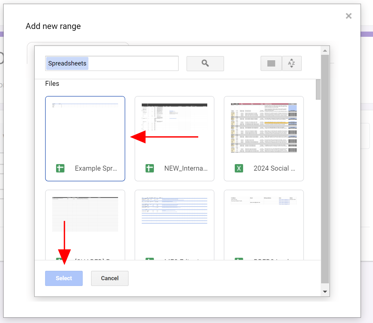 Capture d'écran du menu Add a new range de l'application Form Ranger, avec des flèches pointant vers une feuille de calcul Google sélectionnée et le bouton Select