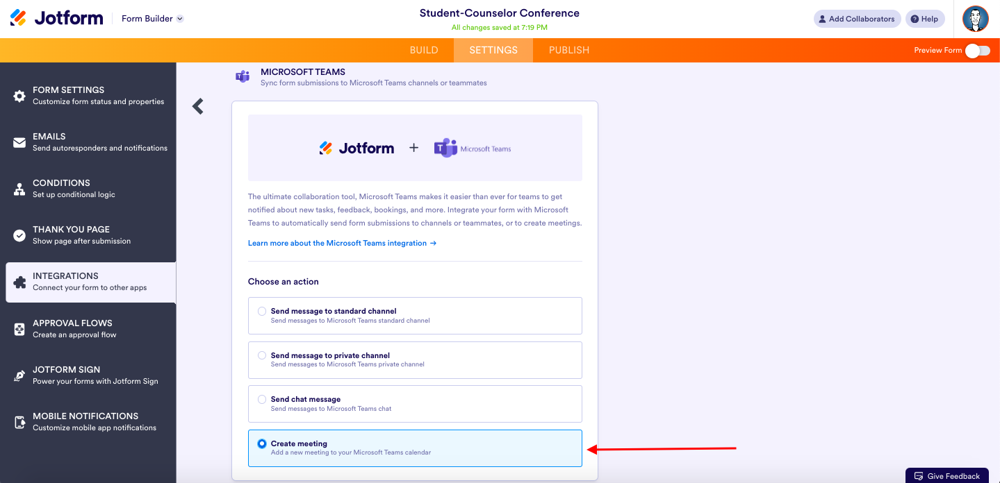 Selecting "Create meeting" Option Under Choose an Action Field in Microsoft Teams Integration Settings Page
