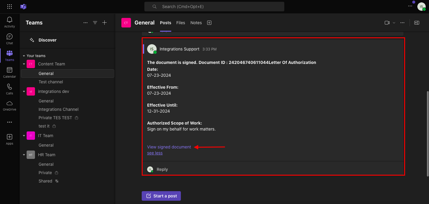 Highlighting the New "View Signed Document" Message in Microsoft Teams