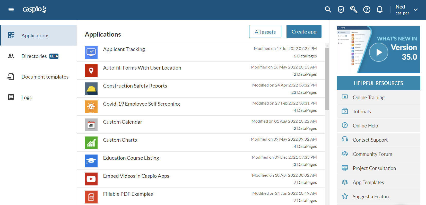 User Interface of Caspio
