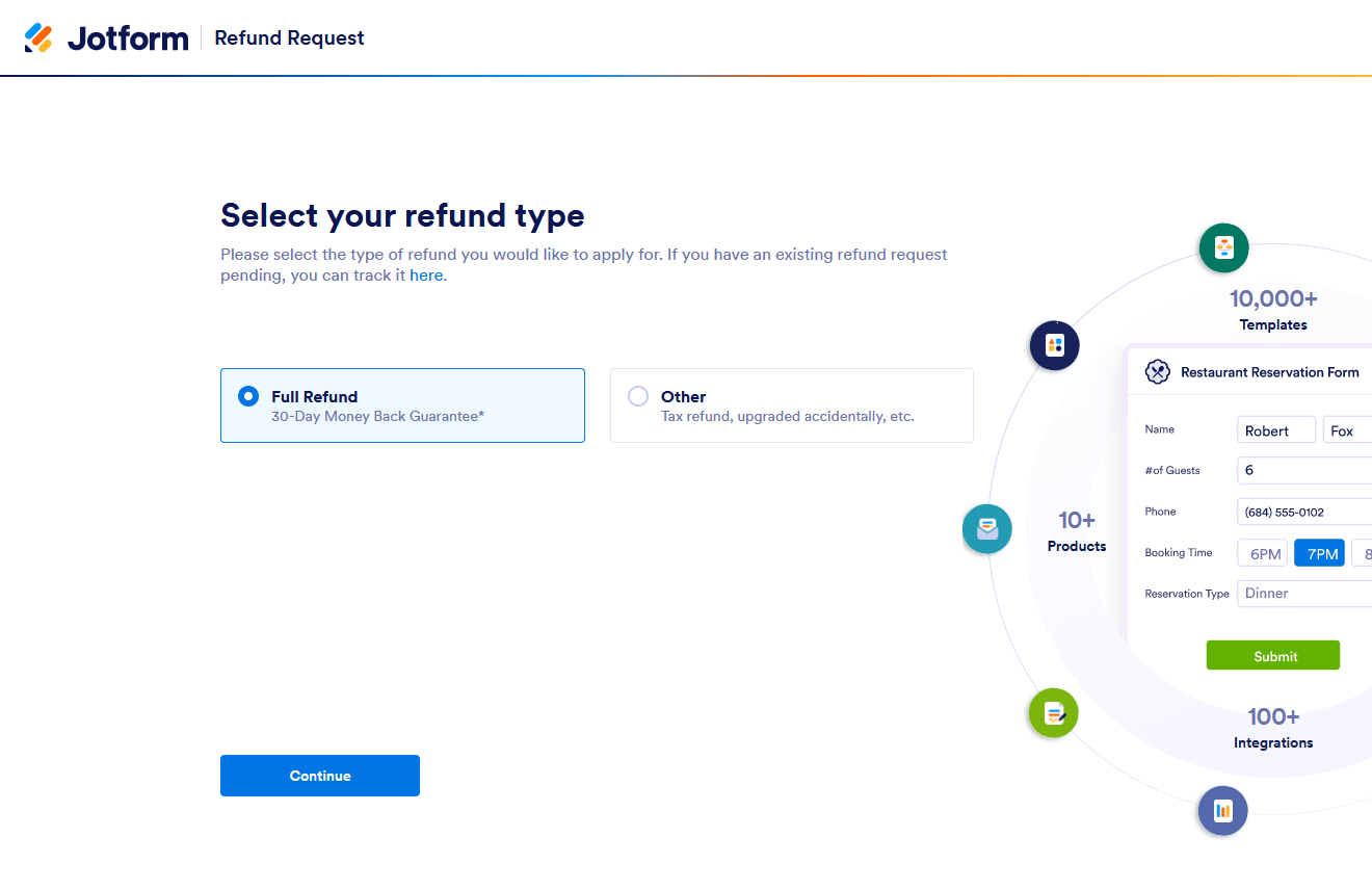 Refund Type options in the Jotform's Refund Request page