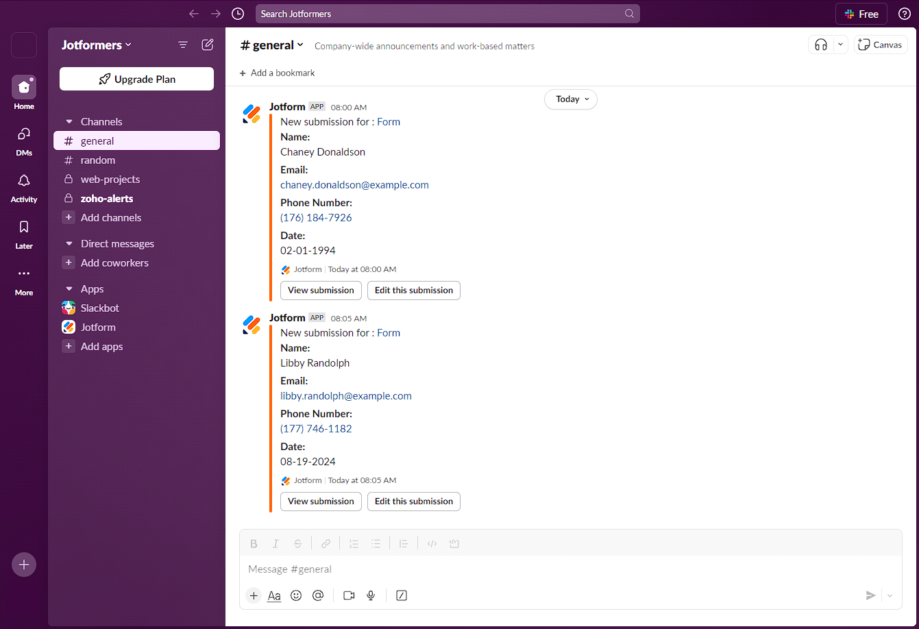 Mensaje de Jotform en el canal público de Slack