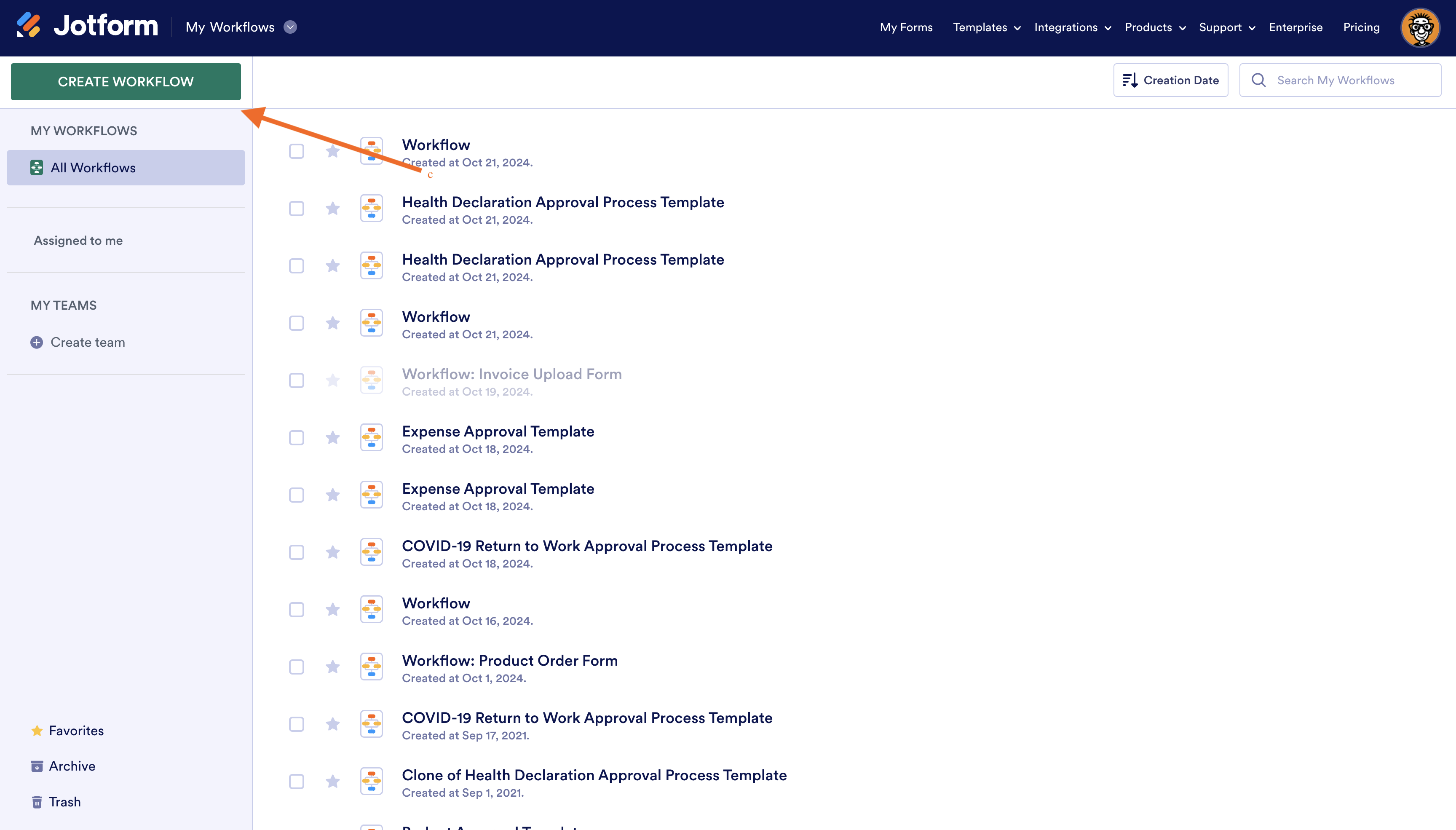 Clicking on the Create Workflow Button on Jotform My Workflows Page