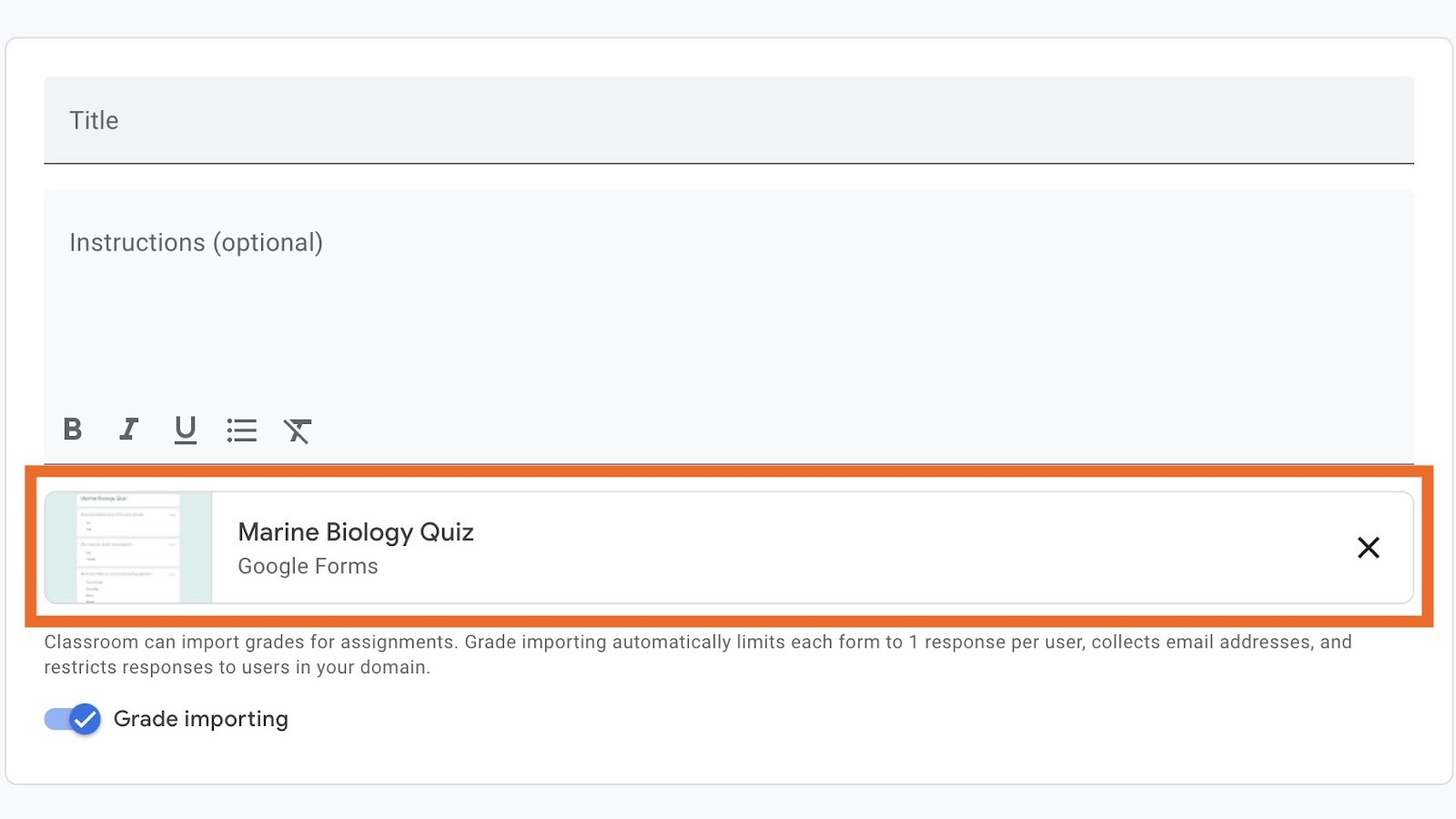 A screenshot of Google Classroom with a box around the Google Form quiz attached