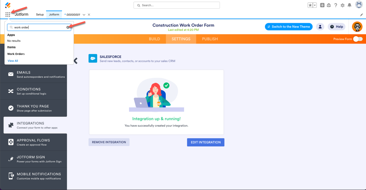 Construction Work Order Form in Jotform with successful Salesforce integration and a search for 'work order' in progress