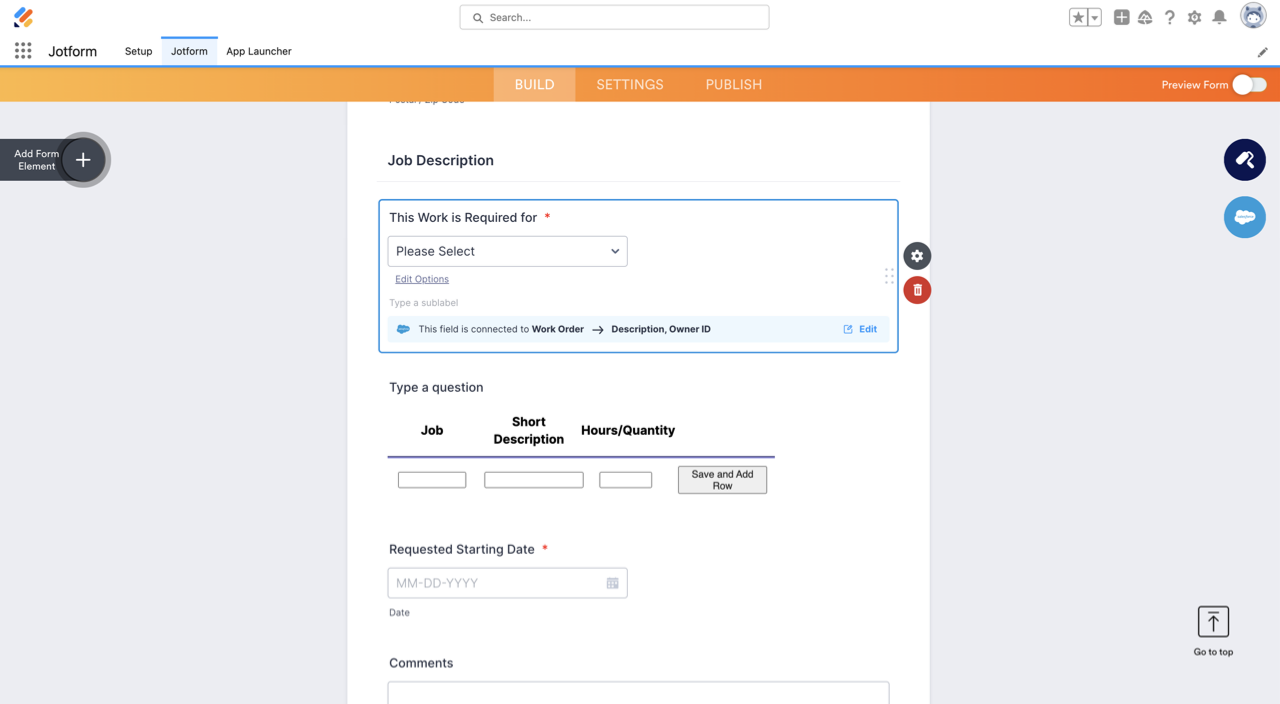 Job Work Order Form in Jotform with connected Salesforce fields and job description section displayed