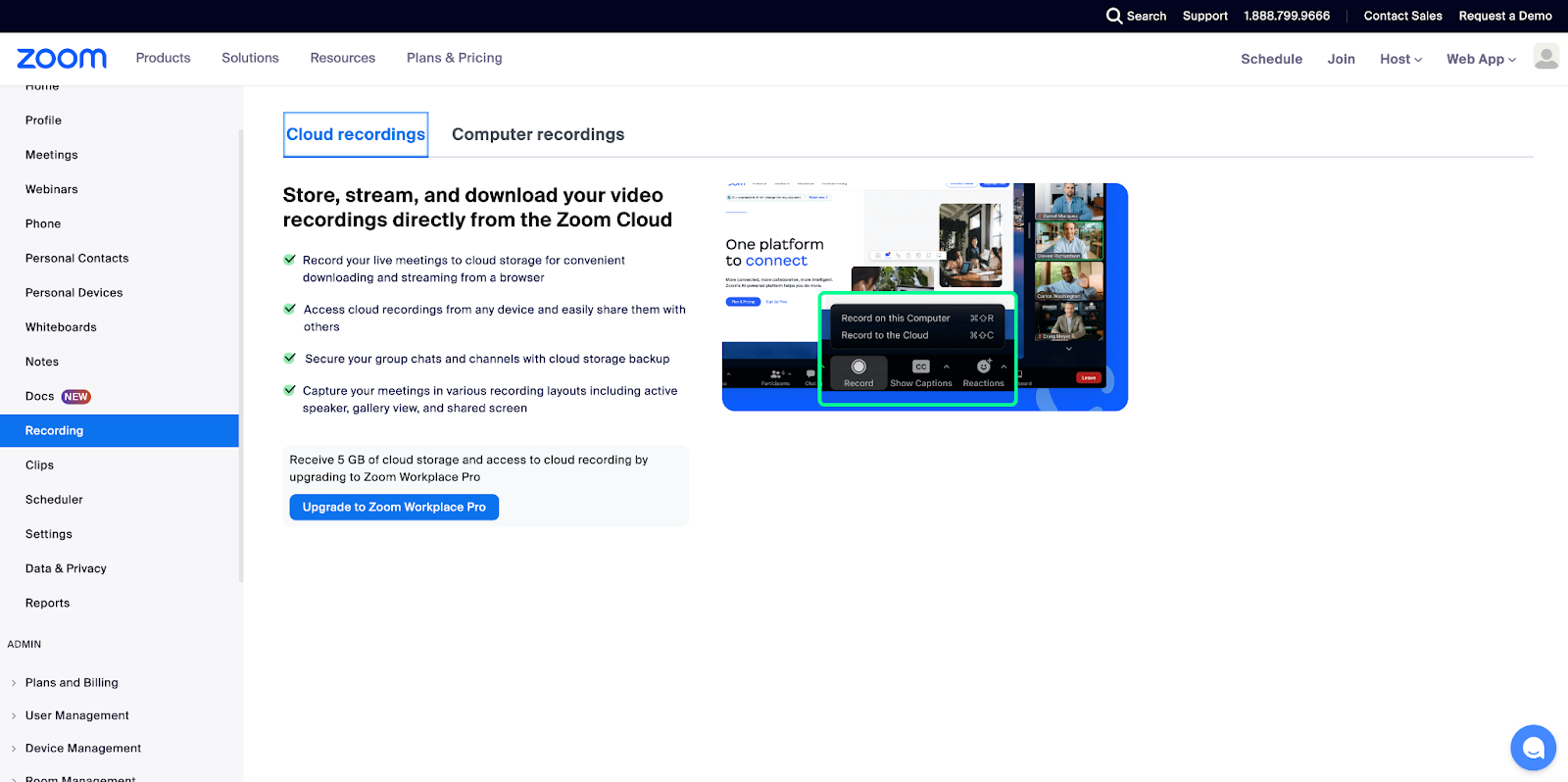 Screenshot of the recording options in Zoom: cloud recordings and computer recordings