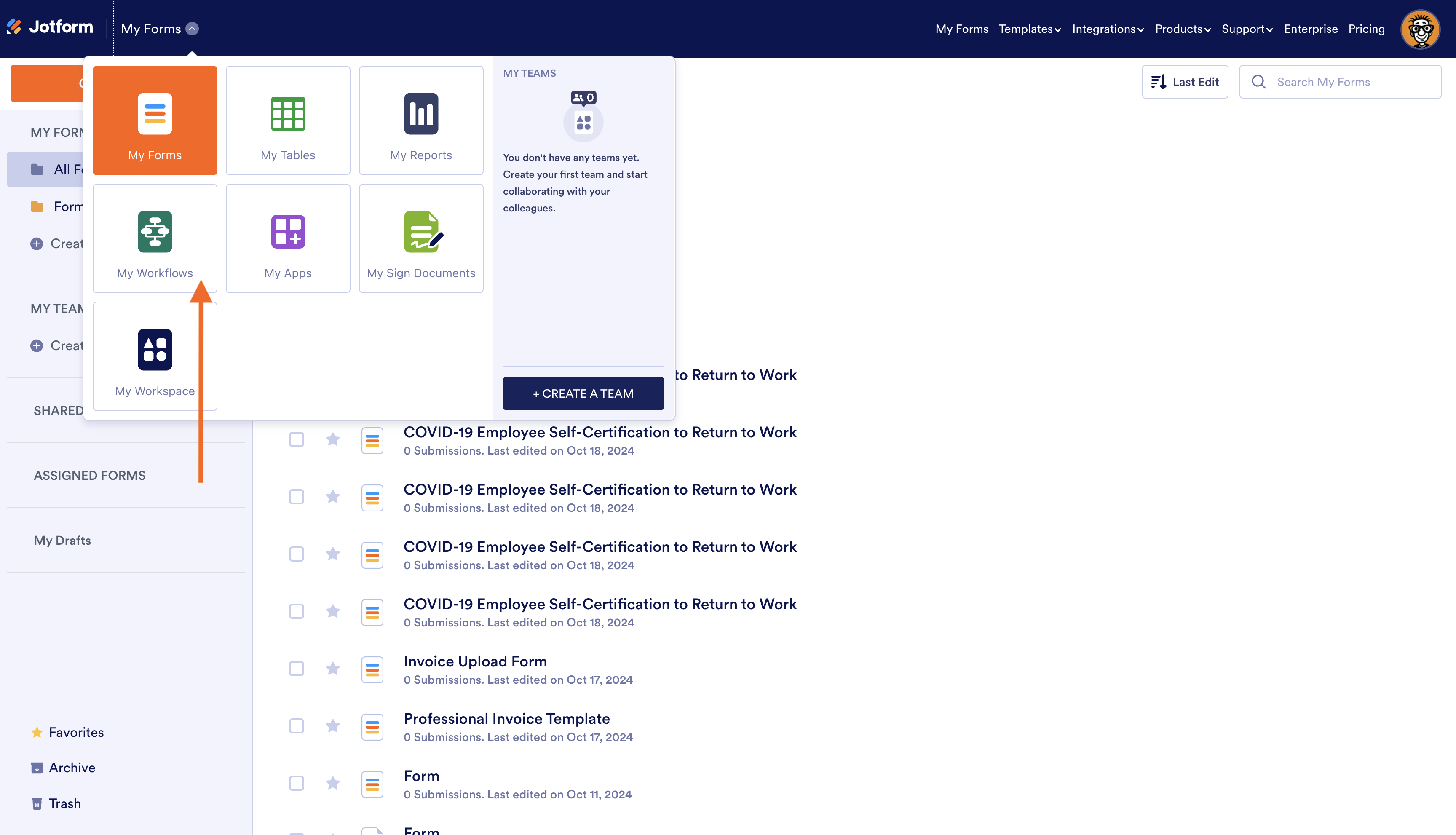 Jotform My Forms Page Clicking on My Workflows