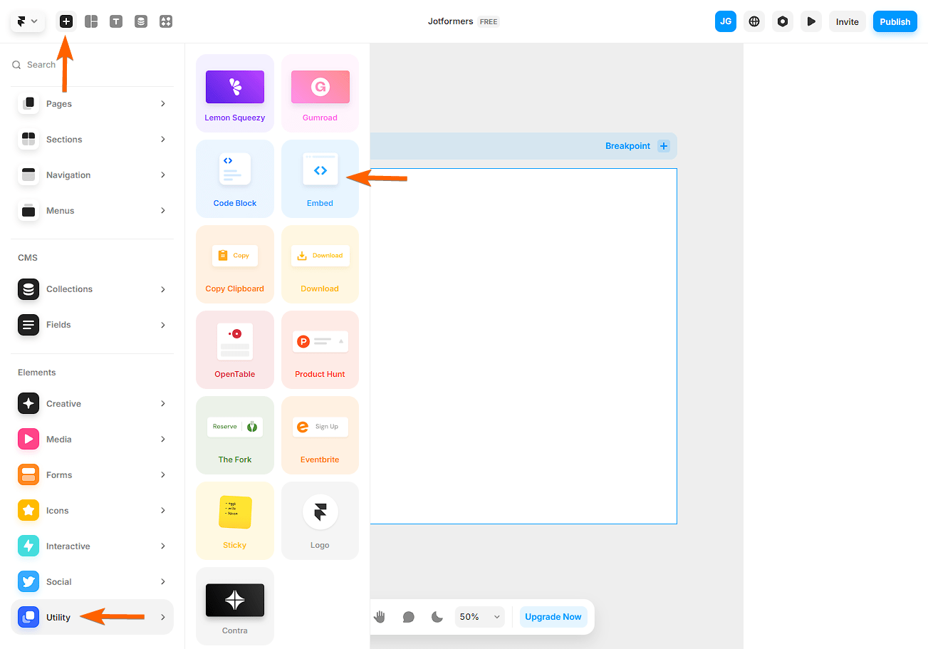 Embed element in Framer website builder