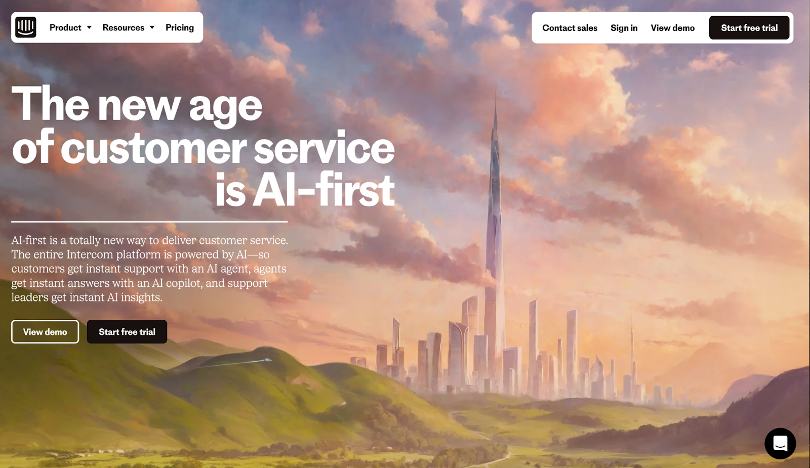 Screenshot of Intercom's homepage with a headline about AI-first customer service