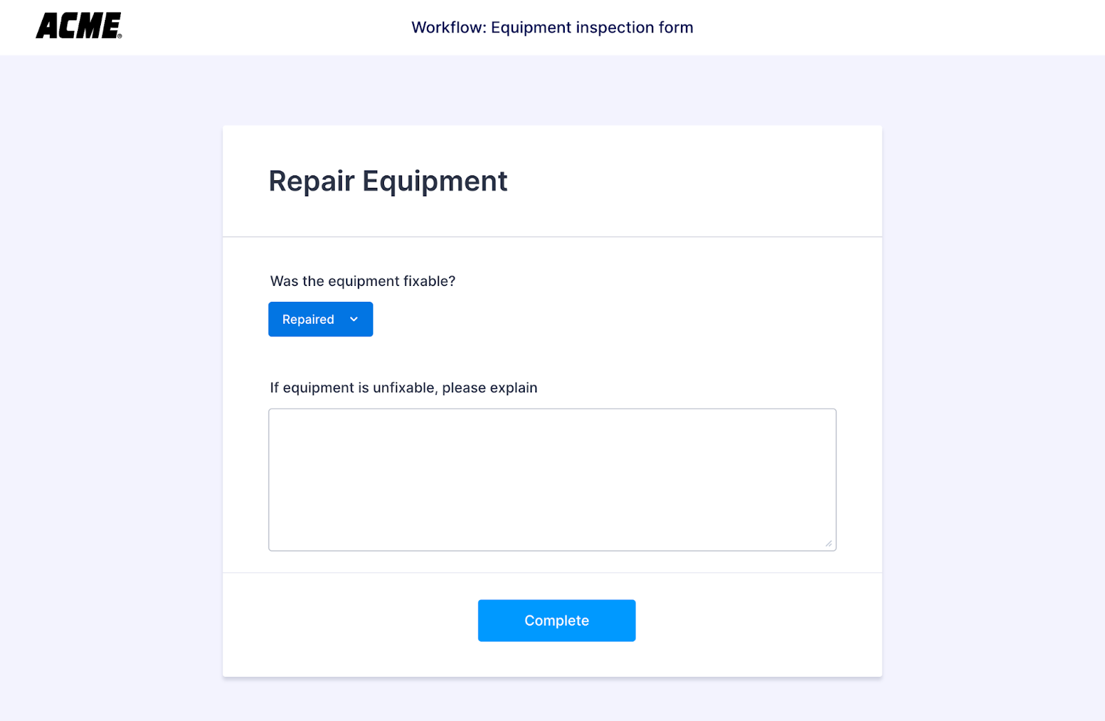 Viewing the Repair Equipment Task Page