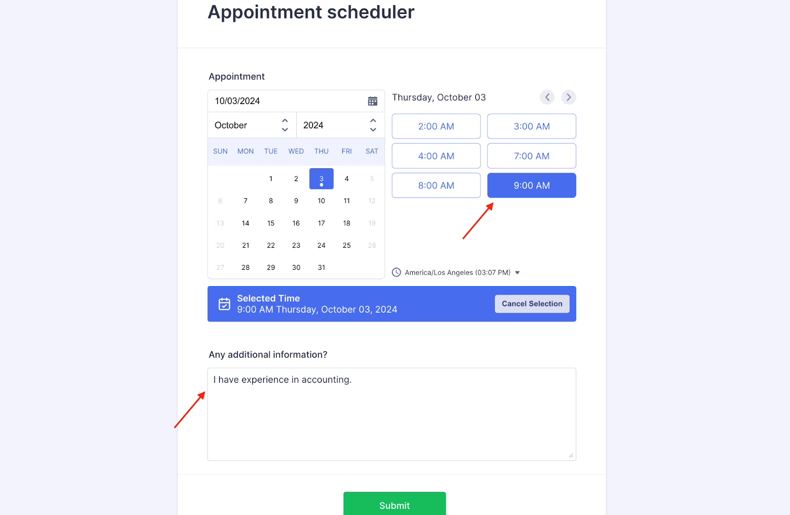 Selecting time and adding additional information in Appointment Scheduler