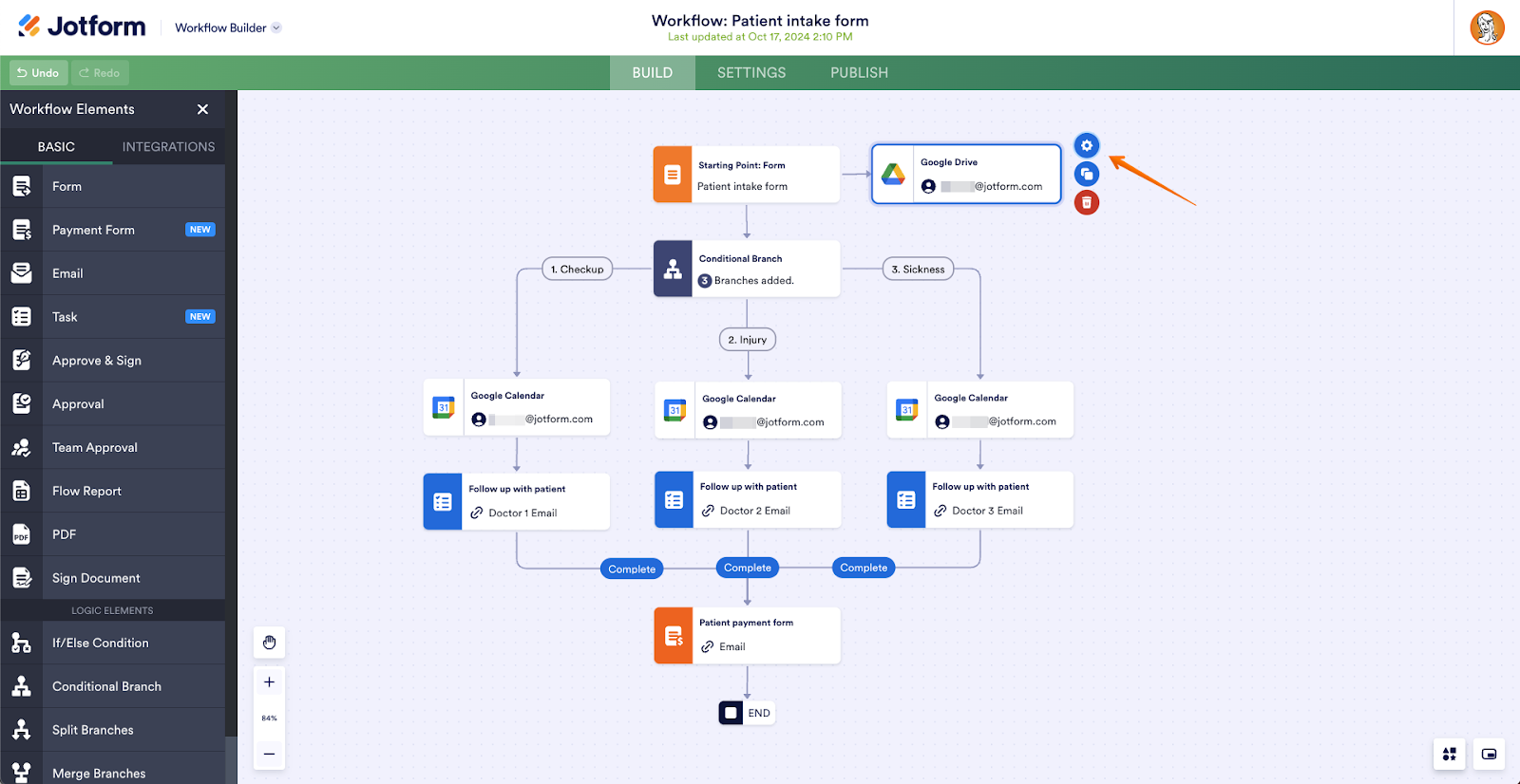 Clicking on the Gear Icon Next to the Google Drive Integration in Jotform Workflows