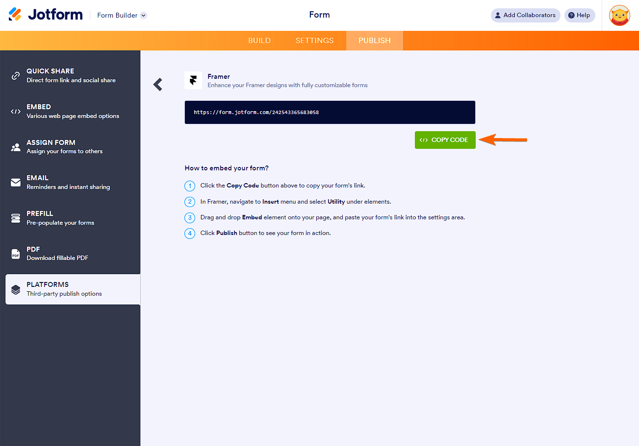 Code code button in the Framer embed option in the Platforms page of the Jotform Form Builder