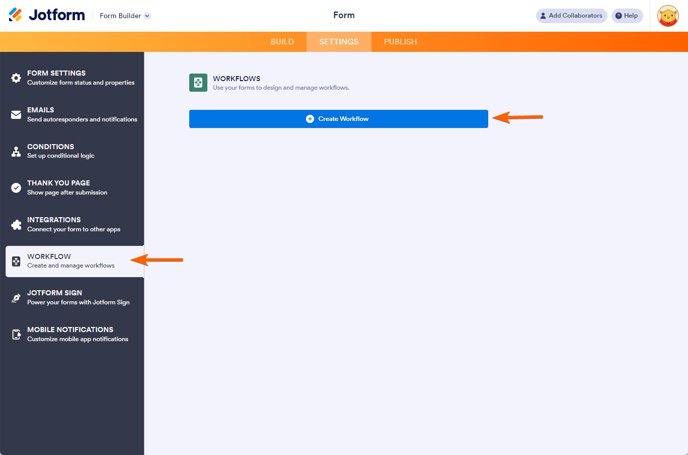 Create Workflow in the Workflow section of the Jotform Form Builder
