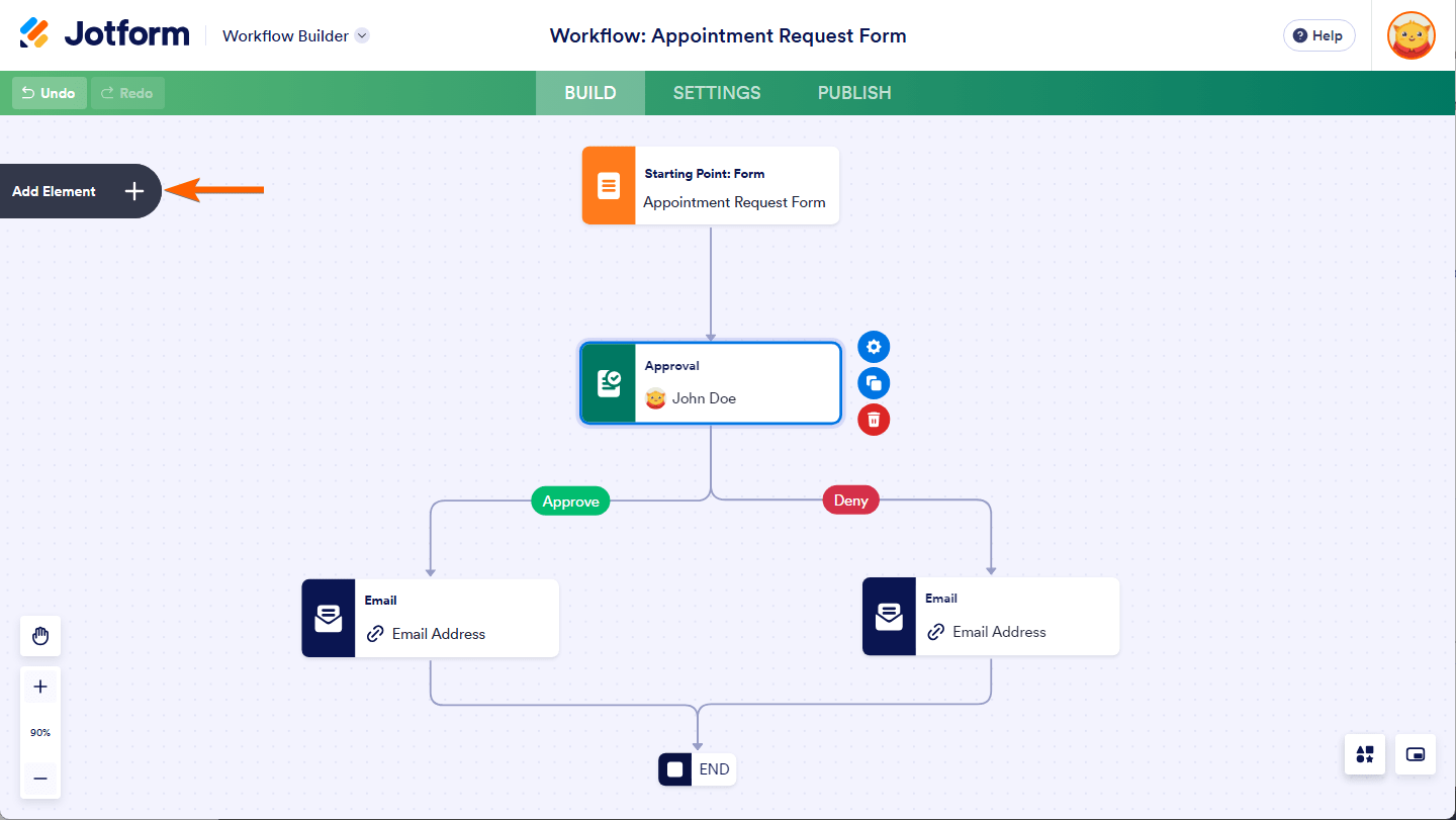 Add Element button in Jotform Workflow Builder