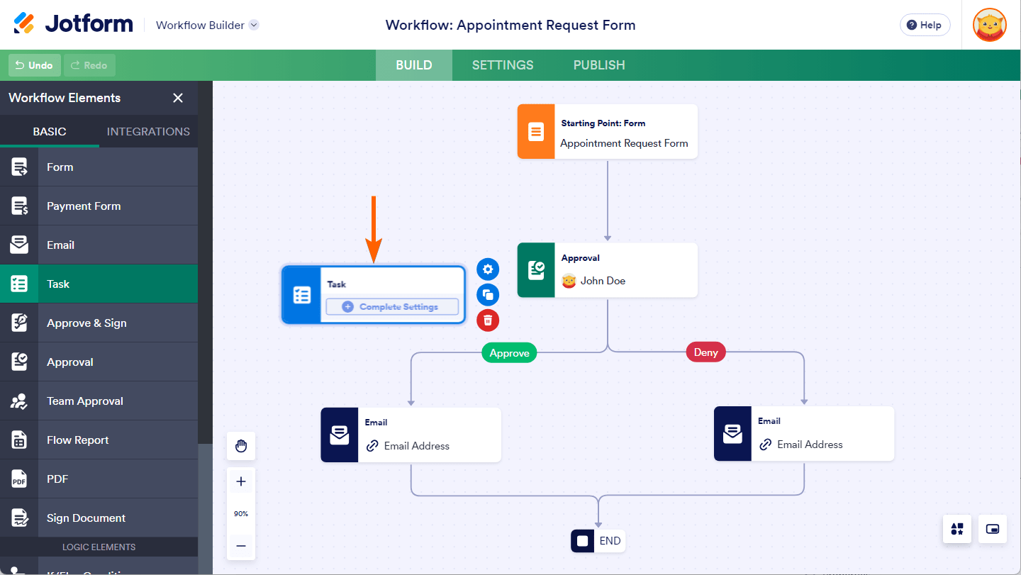 Task element under the Basic tab of the Workflow Elements menu in Jotform Workflow Builder