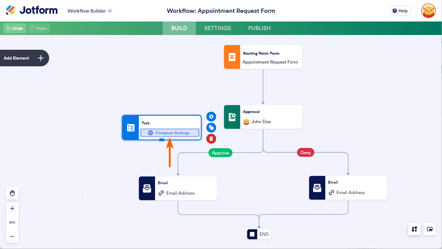Complete Settings button on the Task element in Jotform Workflow Builder canvas