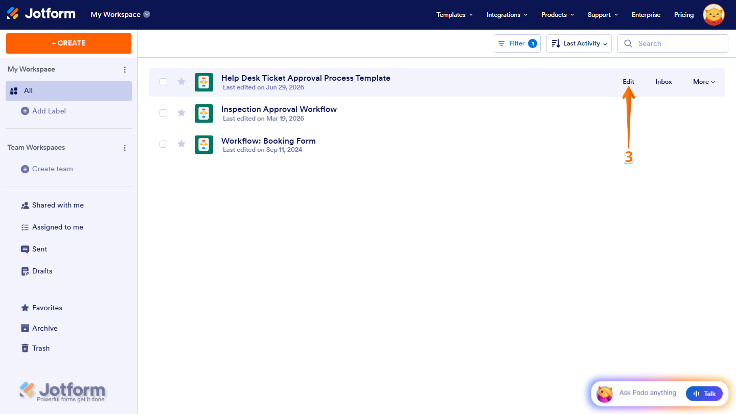 Jotform Workspace displaying a filtered list of workflows, with the Edit option visible on the right side of a workflow card to open it in the Workflow Builder