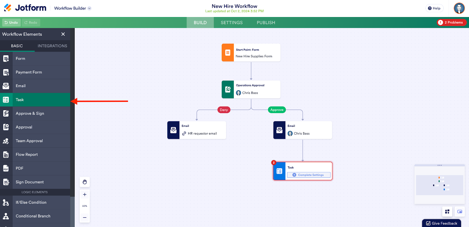 Clicking on the Task Element under Workflow Elements in Jotform Workflow Builder