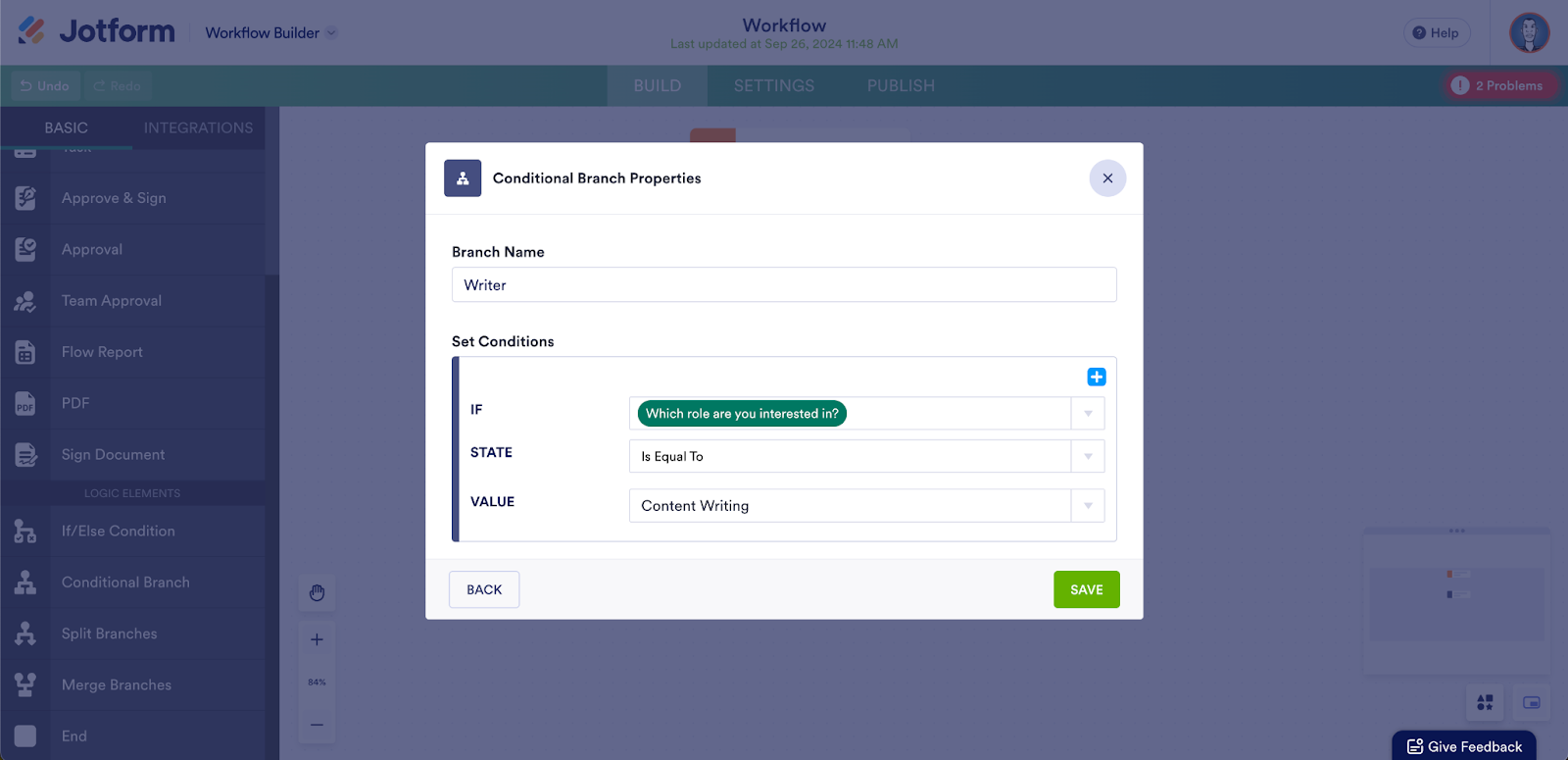Conditional Branch Properties in Jotform Workflow Builder