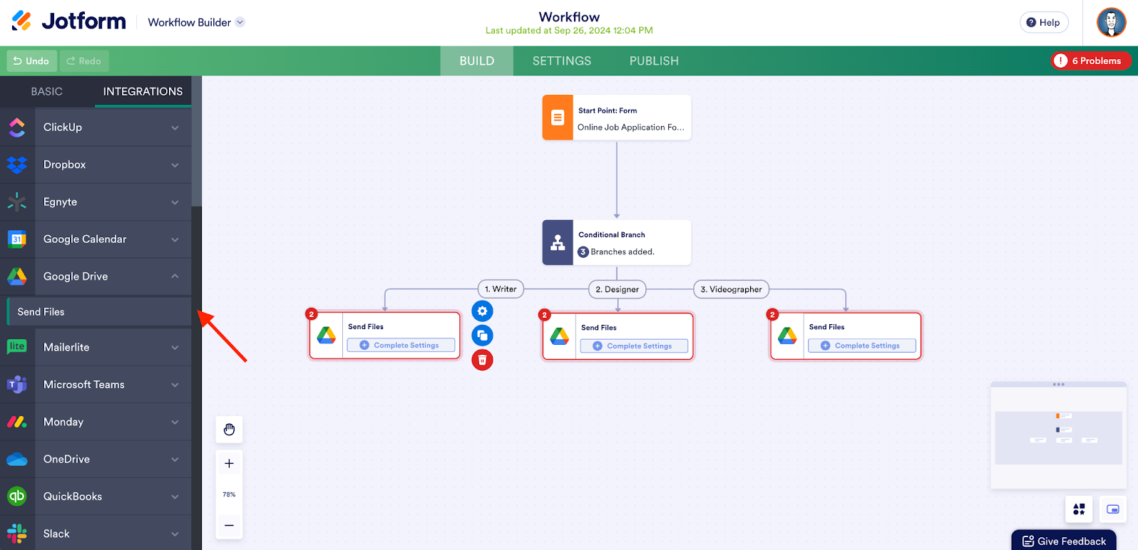 Clicking on the Send Files Option Under Integrations