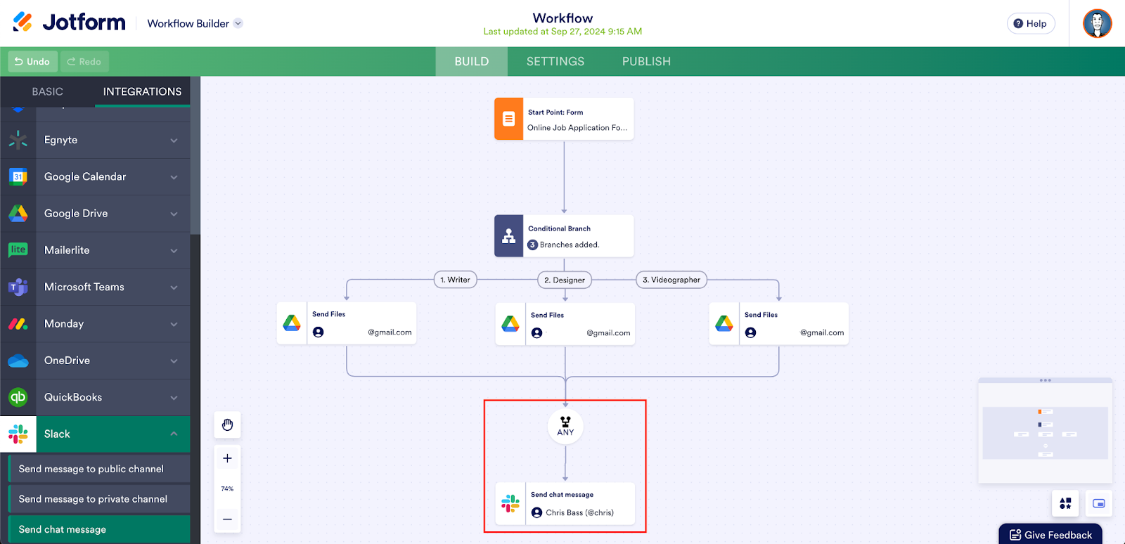 Highlighting the Slack Notification Under the Merged Branched in Jotform Workflow Builder