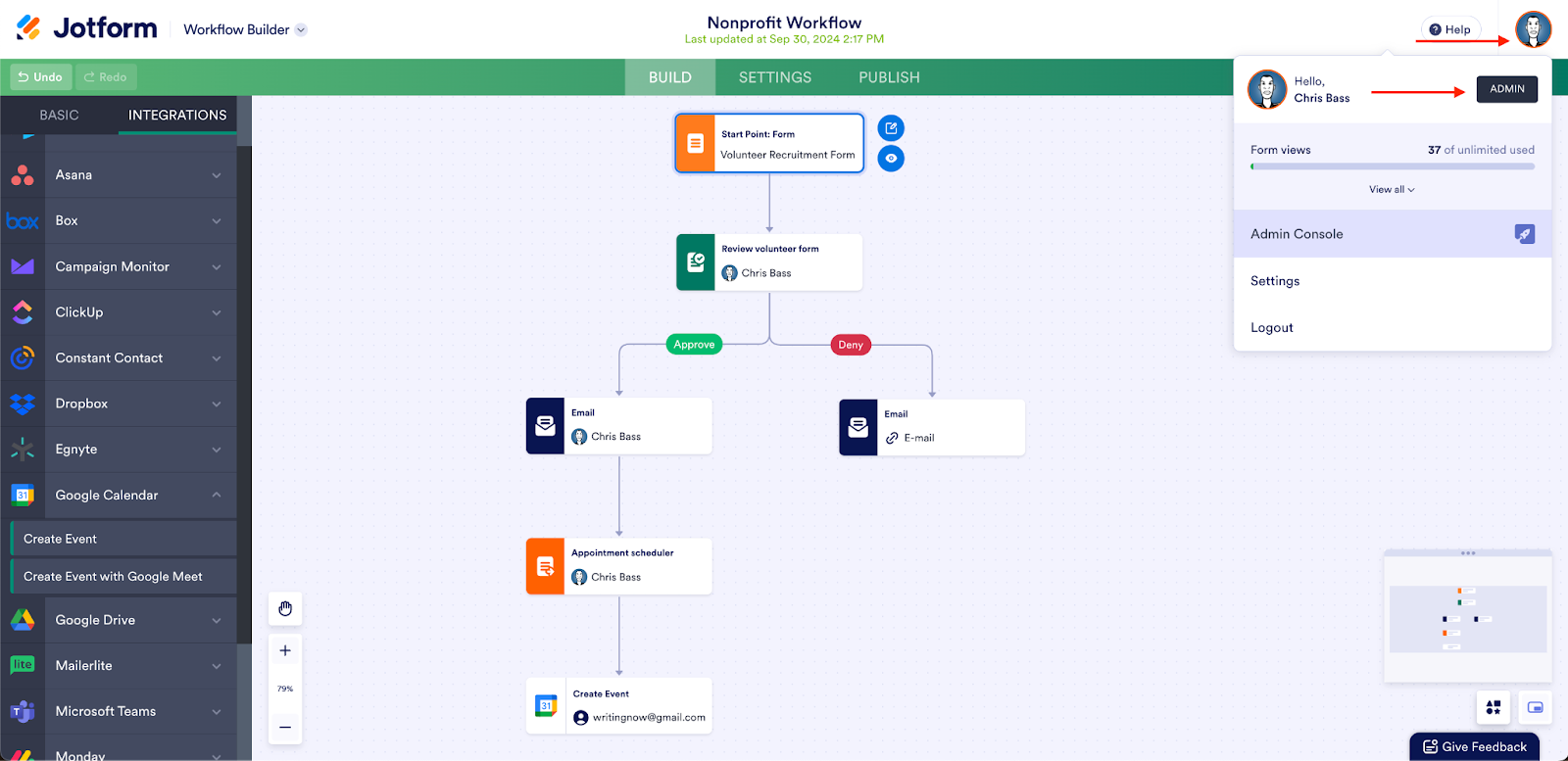 Clicking on the Admin Icon in Jotform Workflow Builder