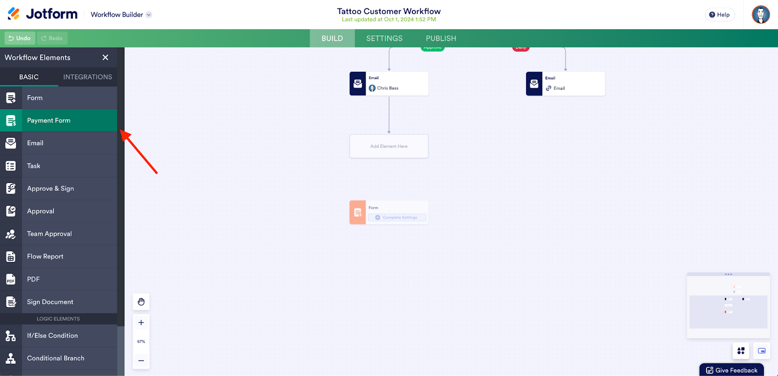 Clicking on the Payment Form Element on Jotform Workflow Builder