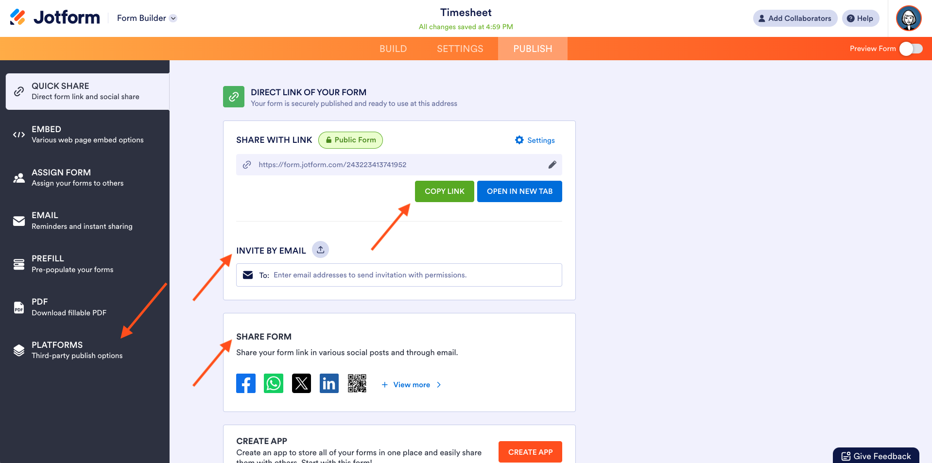 Screenshot of the “Publish” page in Jotform Form Builder with arrows pointing to the "copy link," "invite by email," "share form," and "Platforms" options