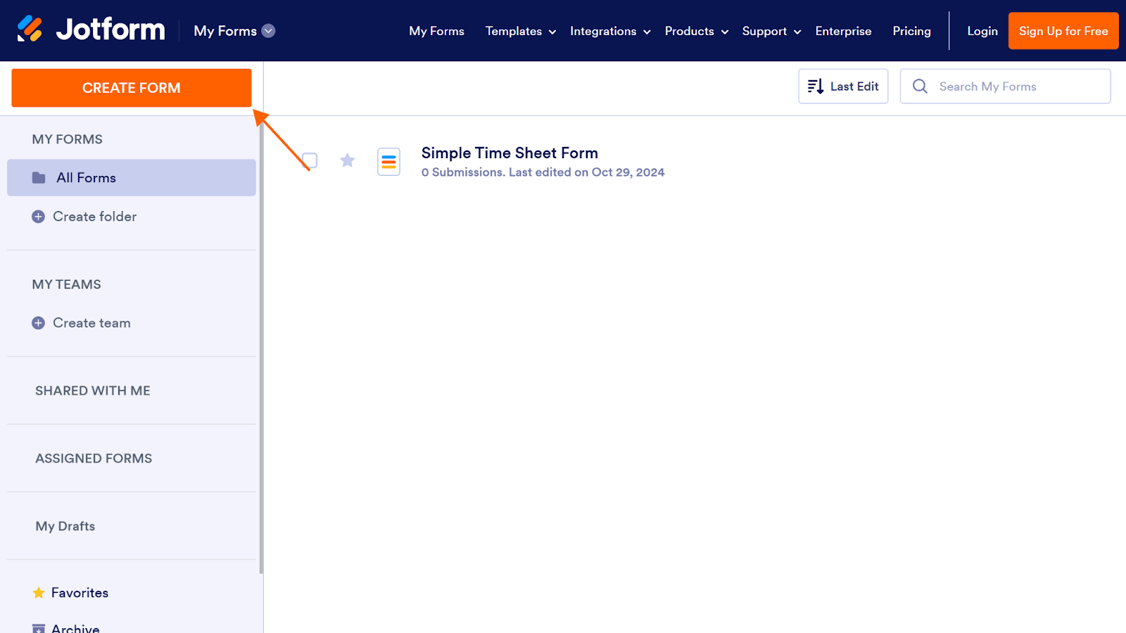 Screenshot of the Jotform My Forms page with an arrow pointing to the "Create Form" button