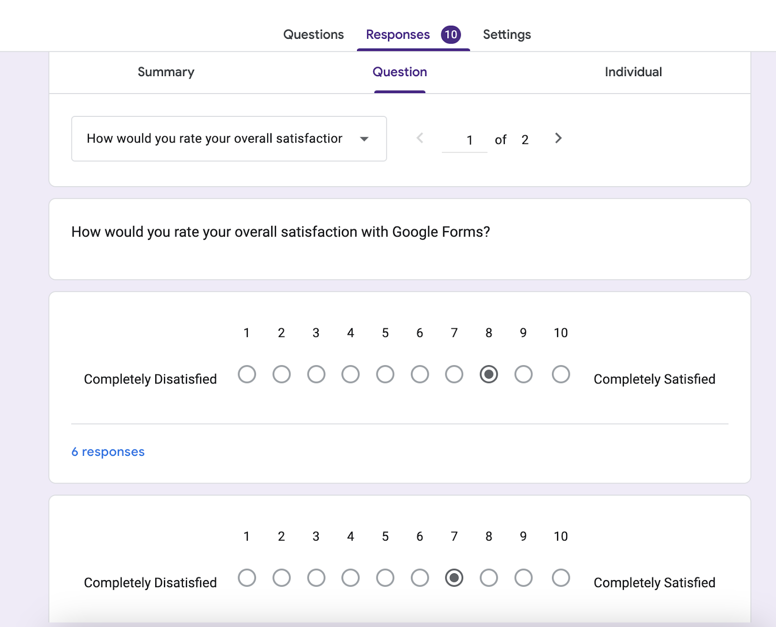 Viewing Google Form analytics in the “Question” data panel