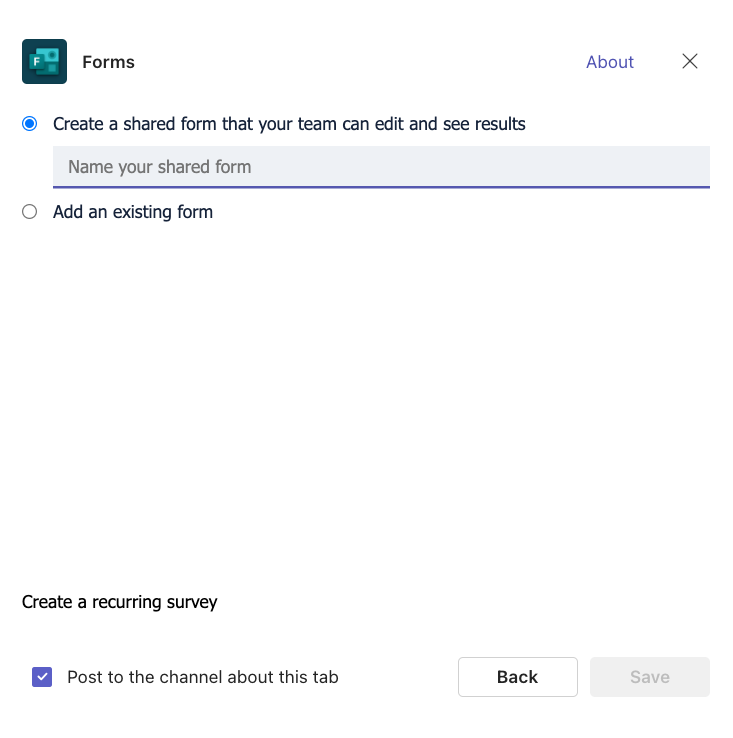 Screenshot of the option to create a new Microsoft Form or add an existing one