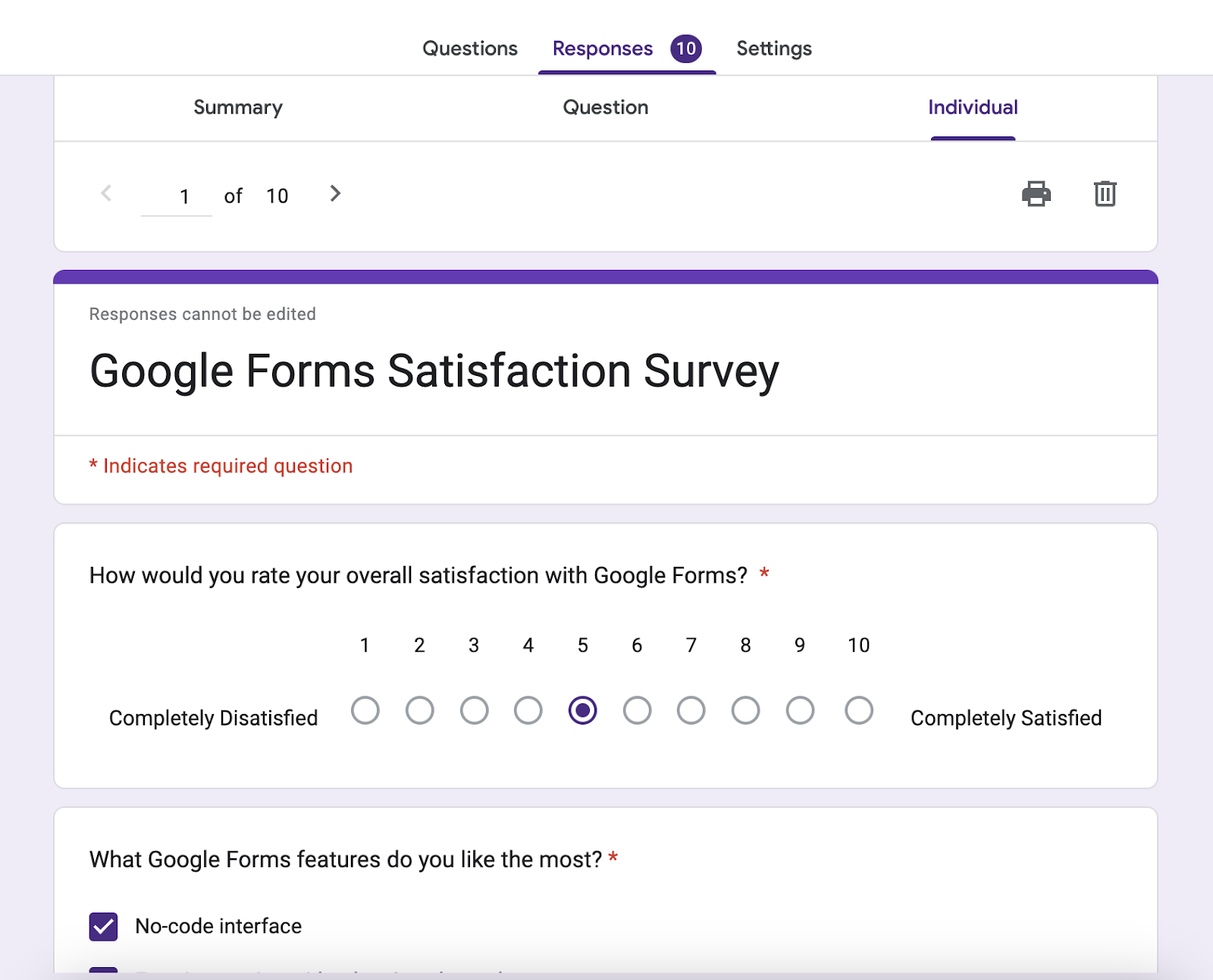 Viewing Google Form analytics in the “Individual” data panel