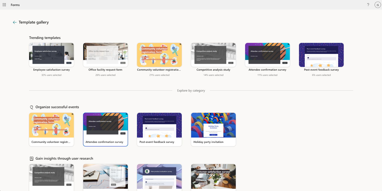 Screenshot of the Microsoft Forms template gallery