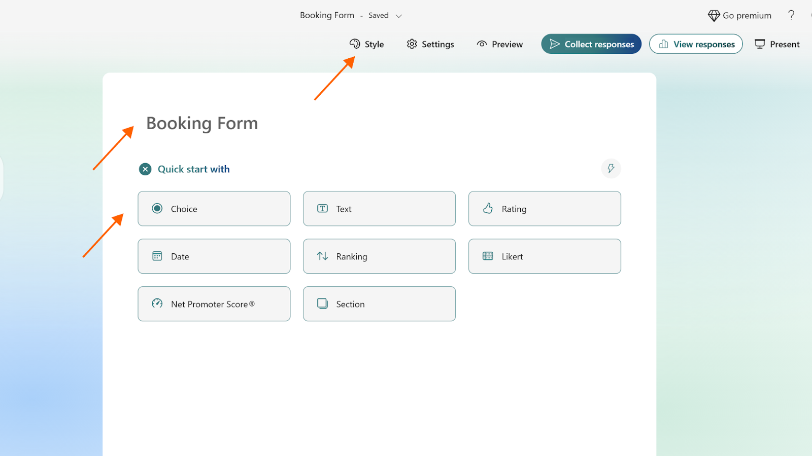 Screenshot of Microsoft Forms, with arrows pointing to the title section, "Quick start" options, and "Style" button