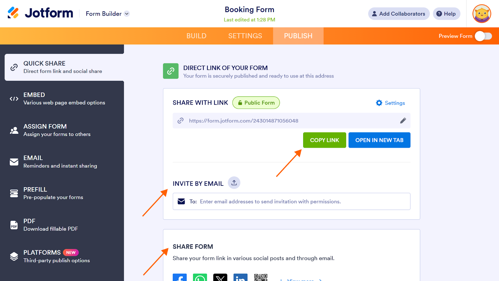 Screenshot of the “Publish” page on Jotform Form Builder with arrows pointing to the "copy link," "invite by email," and "share form" options