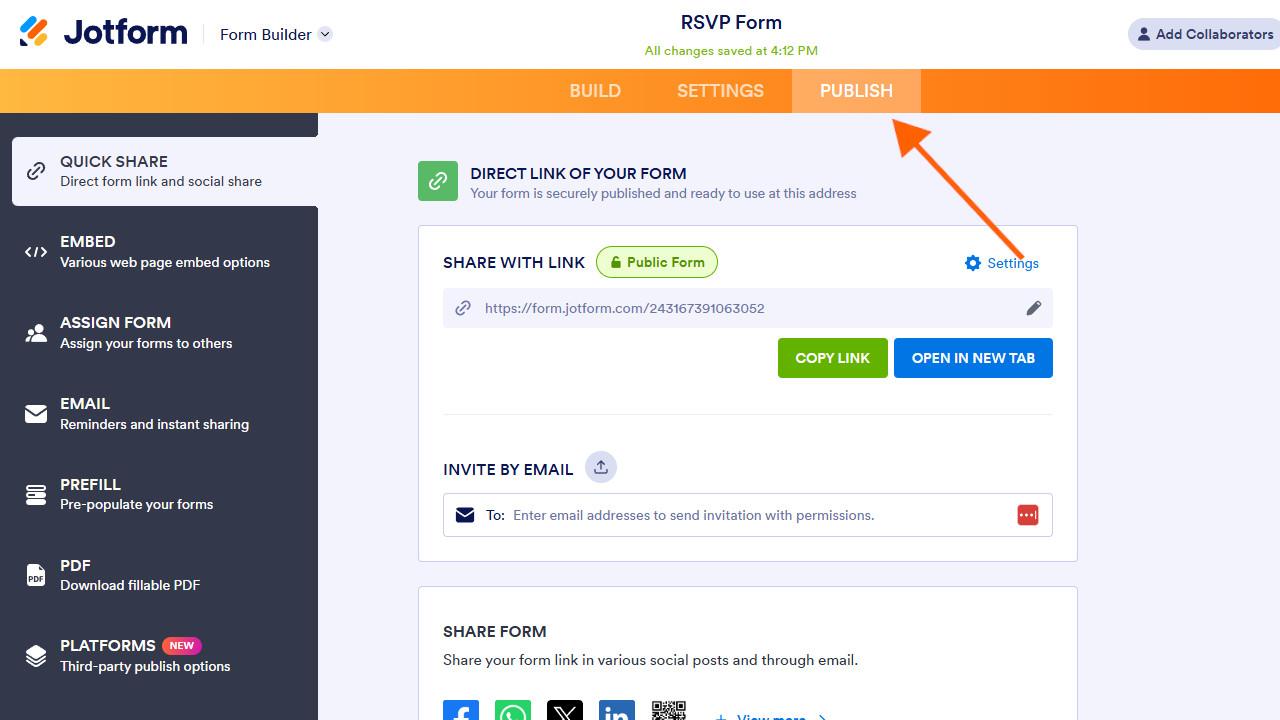 Shot of the Publish screen, showing links to share or invitation by email forms