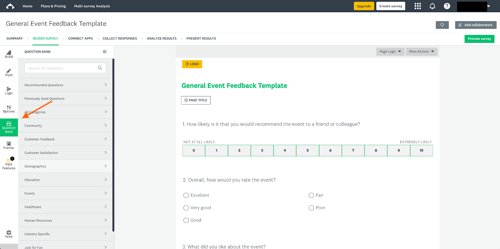 Screenshot of the SurveyMonkey editor with an arrow showing the Question Bank tab